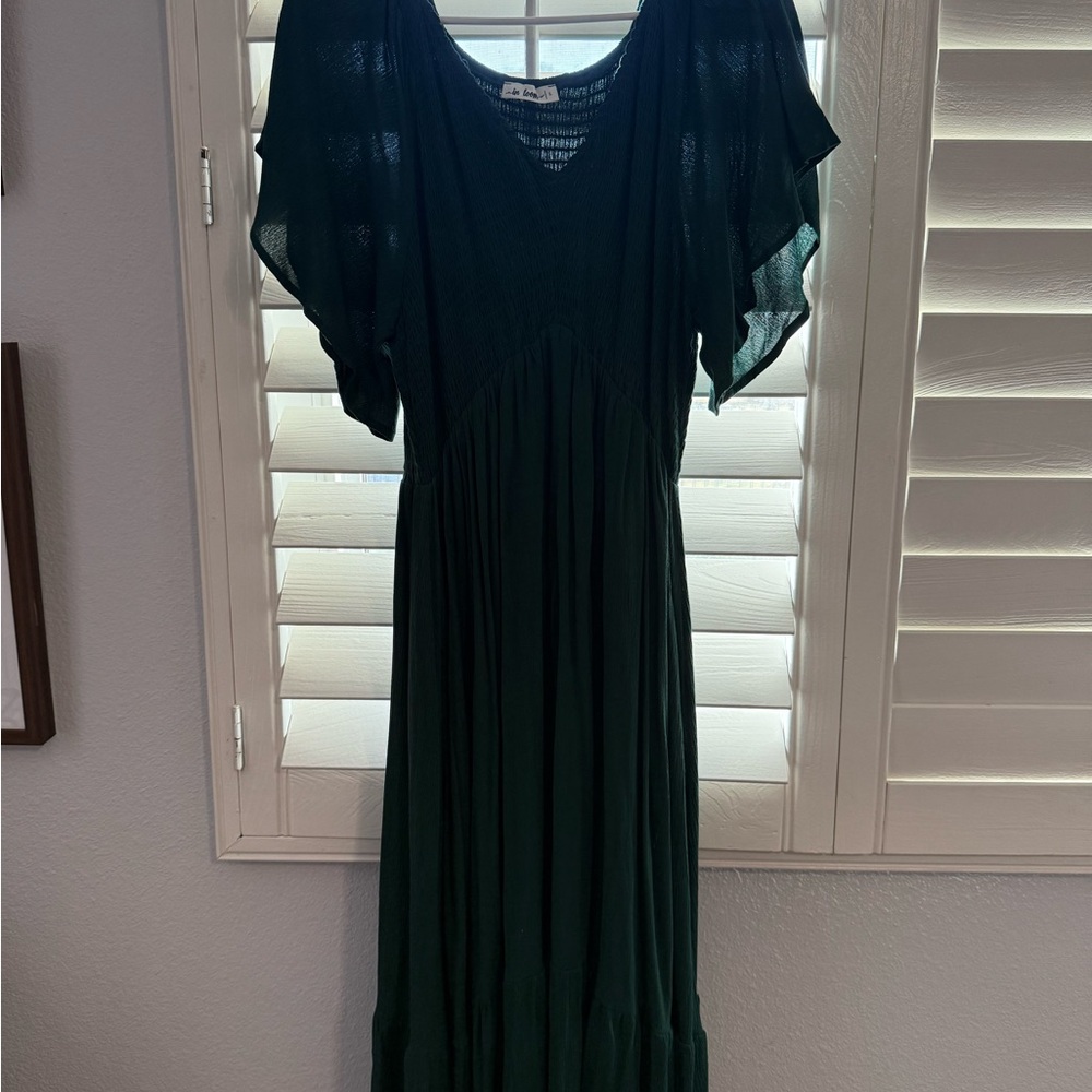 Evergreen Midi Dress with Flutter sleeves and V neck